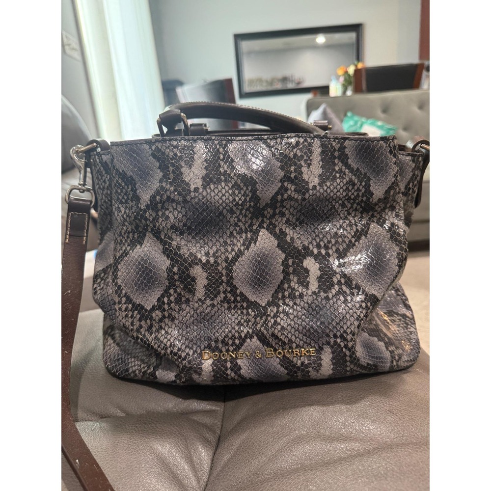 Dooney & Bourke Grey Snakeskin Embossed Leather Satchel Crossbody Bag Gold Logo